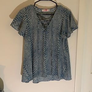 Blue snake print top with criss cross detail